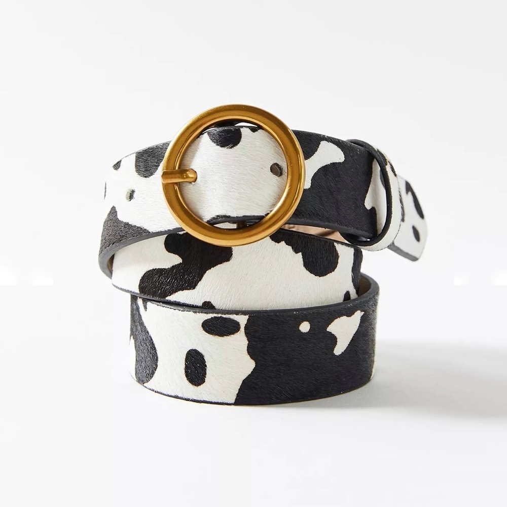 Urban Outfitters women’s Calf Hair black & white spotted gold Circle Buckle Belt